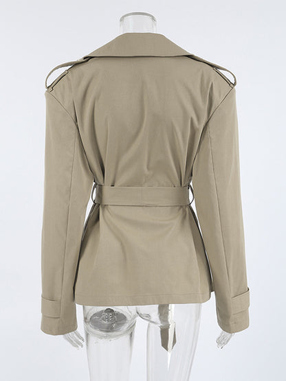 Khaki Belted Waist Women's Short Trench Coat - Chic Double Breasted Jacket - Old Money Spring Outfits 2026