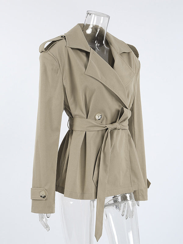 Khaki Belted Waist Women's Short Trench Coat - Chic Double Breasted Jacket - Old Money Spring Outfits 2026