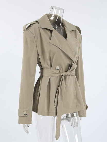 Khaki Belted Waist Women's Short Trench Coat - Chic Double Breasted Jacket - Old Money Spring Outfits 2026