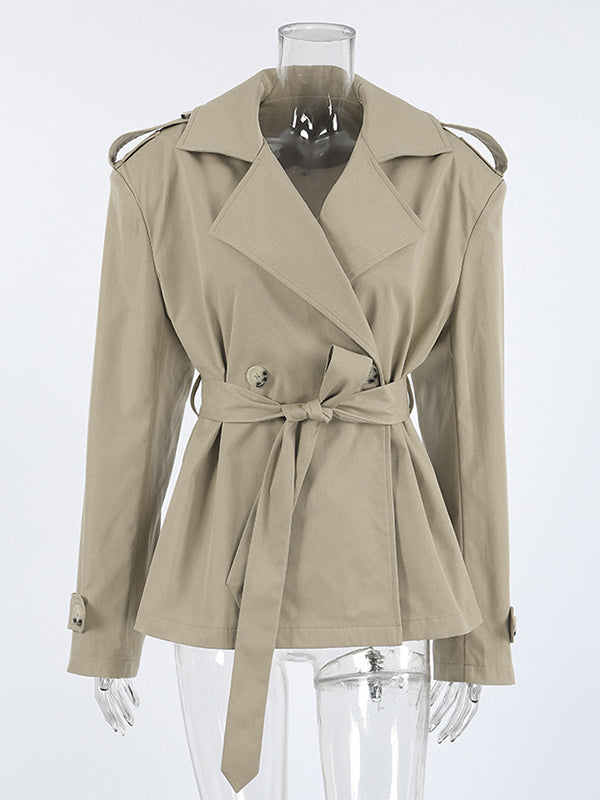 Khaki Belted Waist Women's Short Trench Coat - Chic Double Breasted Jacket - Old Money Spring Outfits 2026