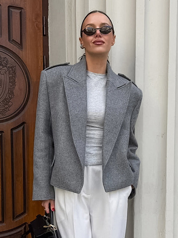Oatmeal Wide Lapel Women's Short Blazer - Padded Shoulder Boxy Fit Jacket - Chic Spring Street Outfits 2026