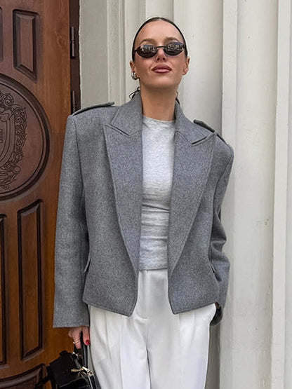 Oatmeal Wide Lapel Women's Short Blazer - Padded Shoulder Boxy Fit Jacket - Chic Spring Street Outfits 2026