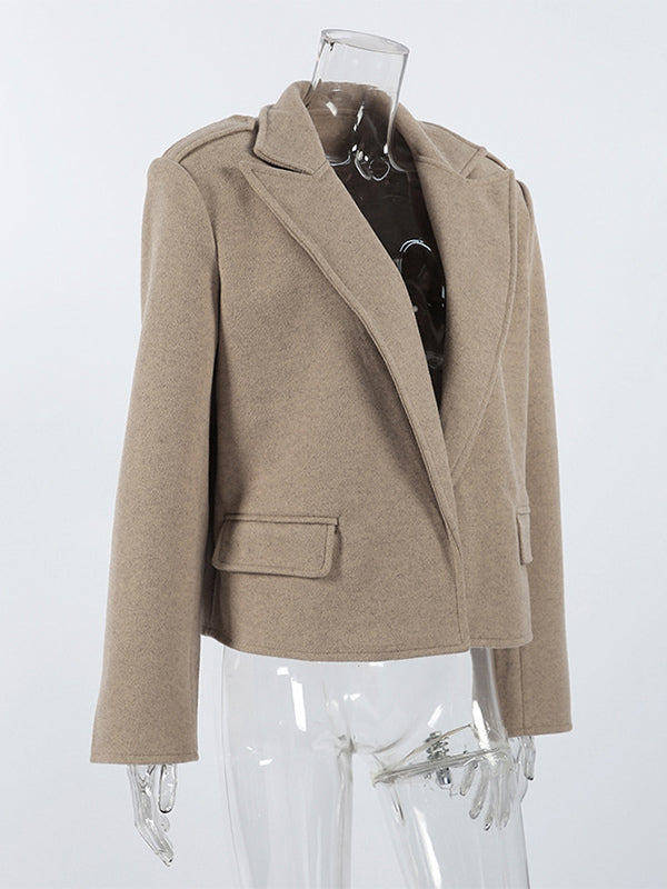 Oatmeal Wide Lapel Women's Short Blazer - Padded Shoulder Boxy Fit Jacket - Chic Spring Street Outfits 2026