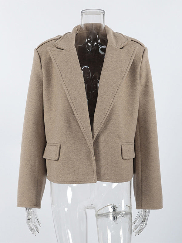 Oatmeal Wide Lapel Women's Short Blazer - Padded Shoulder Boxy Fit Jacket - Chic Spring Street Outfits 2026
