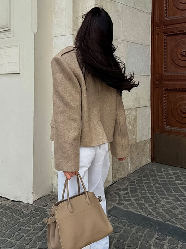 Oatmeal Wide Lapel Women's Short Blazer - Padded Shoulder Boxy Fit Jacket - Chic Spring Street Outfits 2026