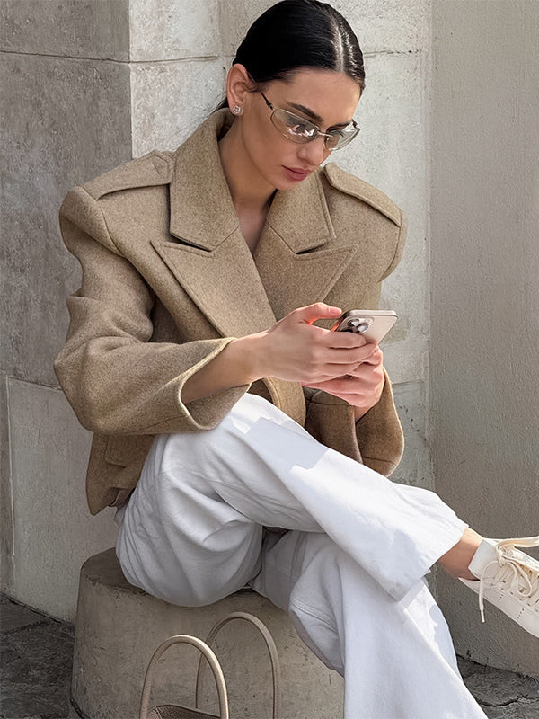 Oatmeal Wide Lapel Women's Short Blazer - Padded Shoulder Boxy Fit Jacket - Chic Spring Street Outfits 2026