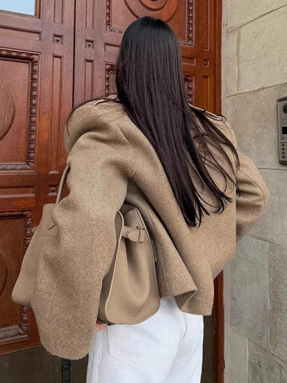 Oatmeal Wide Lapel Women's Short Blazer - Padded Shoulder Boxy Fit Jacket - Chic Spring Street Outfits 2026