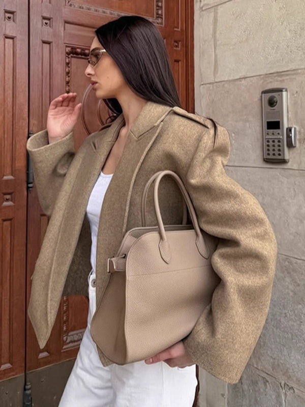 Oatmeal Wide Lapel Women's Short Blazer - Padded Shoulder Boxy Fit Jacket - Chic Spring Street Outfits 2026