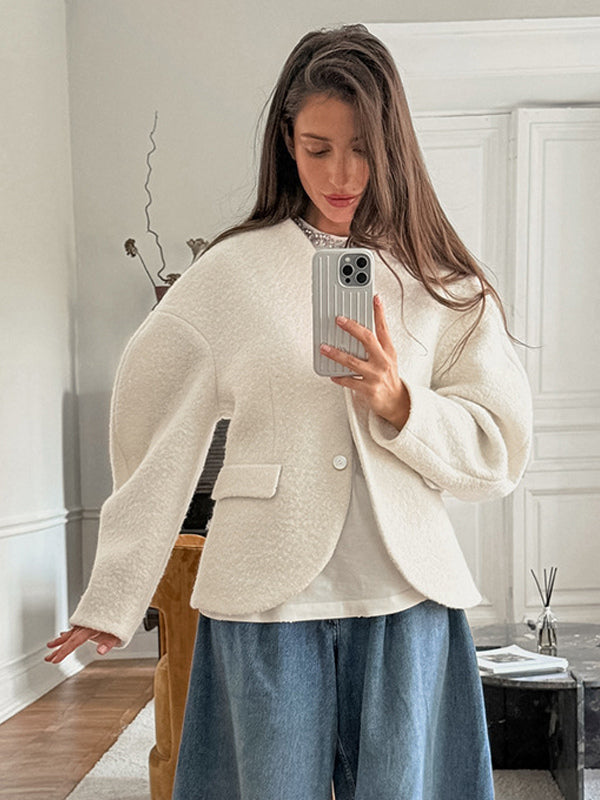 White Boucle Women's Short Jacket - Elegant V Neck Puff Sleeve Slim Fit Outerwear - French Chic Spring Outfits 2026