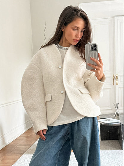 White Boucle Women's Short Jacket - Elegant V Neck Puff Sleeve Slim Fit Outerwear - French Chic Spring Outfits 2026