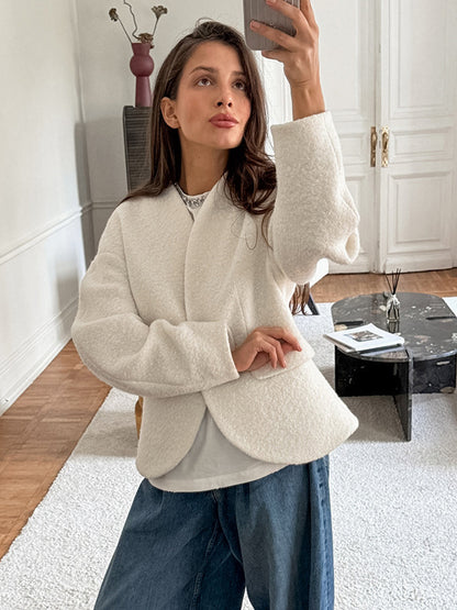 White Boucle Women's Short Jacket - Elegant V Neck Puff Sleeve Slim Fit Outerwear - French Chic Spring Outfits 2026