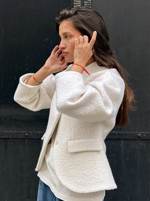 White Boucle Women's Short Jacket - Elegant V Neck Puff Sleeve Slim Fit Outerwear - French Chic Spring Outfits 2026
