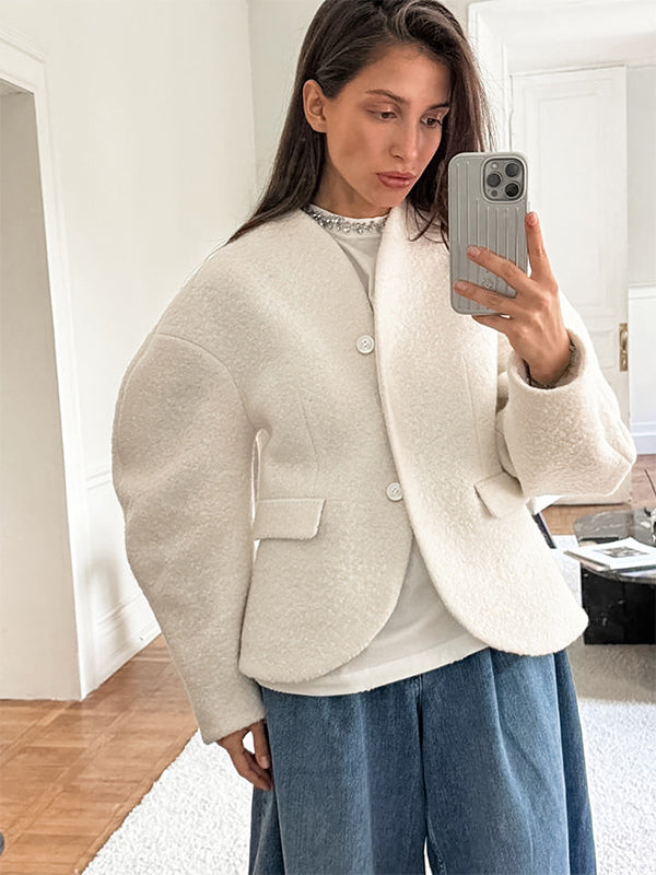 White Boucle Women's Short Jacket - Elegant V Neck Puff Sleeve Slim Fit Outerwear - French Chic Spring Outfits 2026