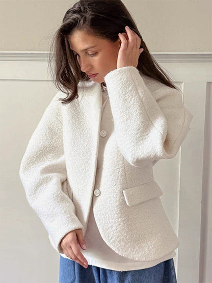 White Boucle Women's Short Jacket - Elegant V Neck Puff Sleeve Slim Fit Outerwear - French Chic Spring Outfits 2026