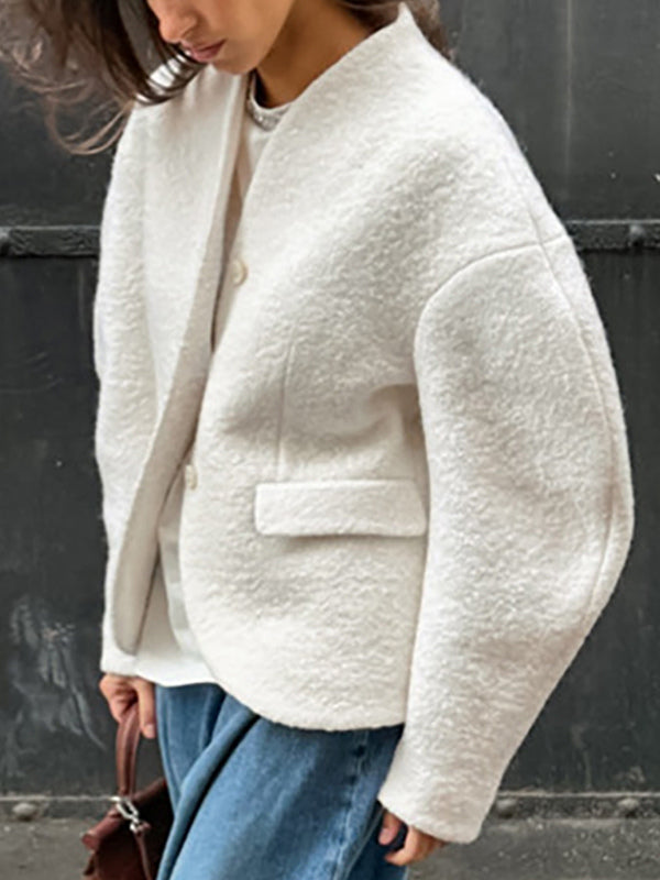 White Boucle Women's Short Jacket - Elegant V Neck Puff Sleeve Slim Fit Outerwear - French Chic Spring Outfits 2026