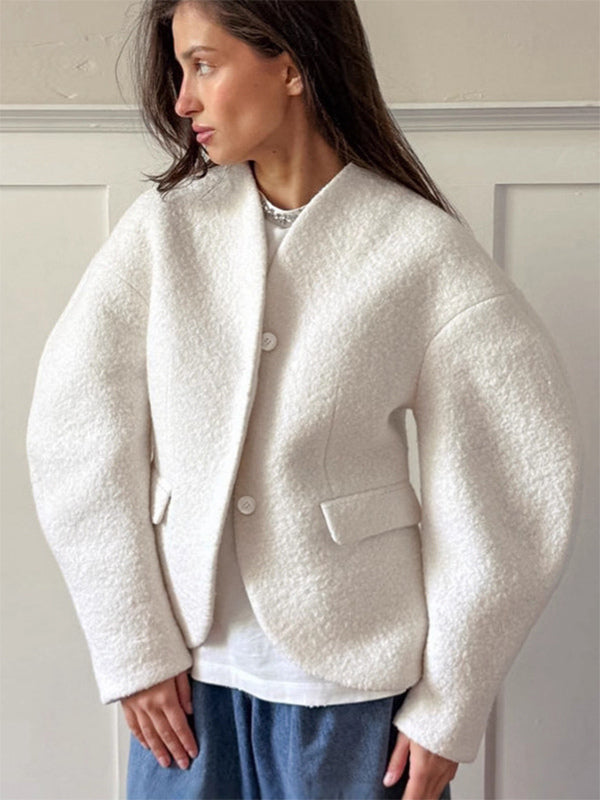 White Boucle Women's Short Jacket - Elegant V Neck Puff Sleeve Slim Fit Outerwear - French Chic Spring Outfits 2026
