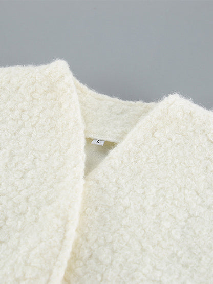 White Boucle Women's Short Jacket - Elegant V Neck Puff Sleeve Slim Fit Outerwear - French Chic Spring Outfits 2026