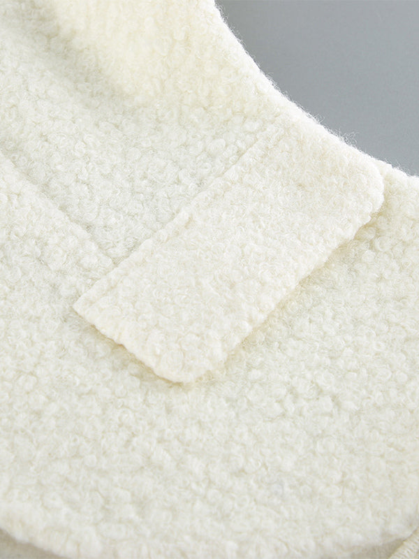 White Boucle Women's Short Jacket - Elegant V Neck Puff Sleeve Slim Fit Outerwear - French Chic Spring Outfits 2026