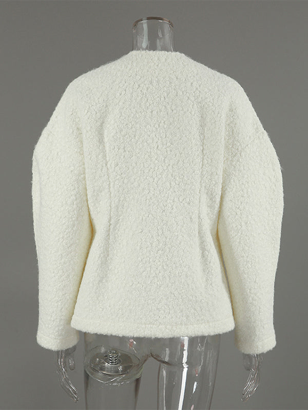 White Boucle Women's Short Jacket - Elegant V Neck Puff Sleeve Slim Fit Outerwear - French Chic Spring Outfits 2026