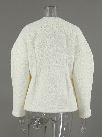 White Boucle Women's Short Jacket - Elegant V Neck Puff Sleeve Slim Fit Outerwear - French Chic Spring Outfits 2026