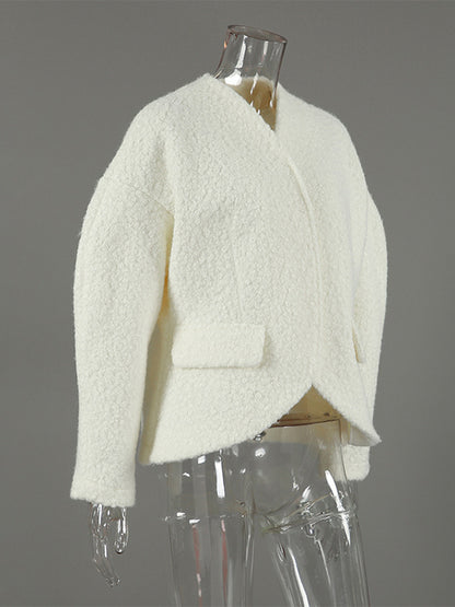 White Boucle Women's Short Jacket - Elegant V Neck Puff Sleeve Slim Fit Outerwear - French Chic Spring Outfits 2026