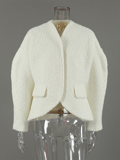 White Boucle Women's Short Jacket - Elegant V Neck Puff Sleeve Slim Fit Outerwear - French Chic Spring Outfits 2026