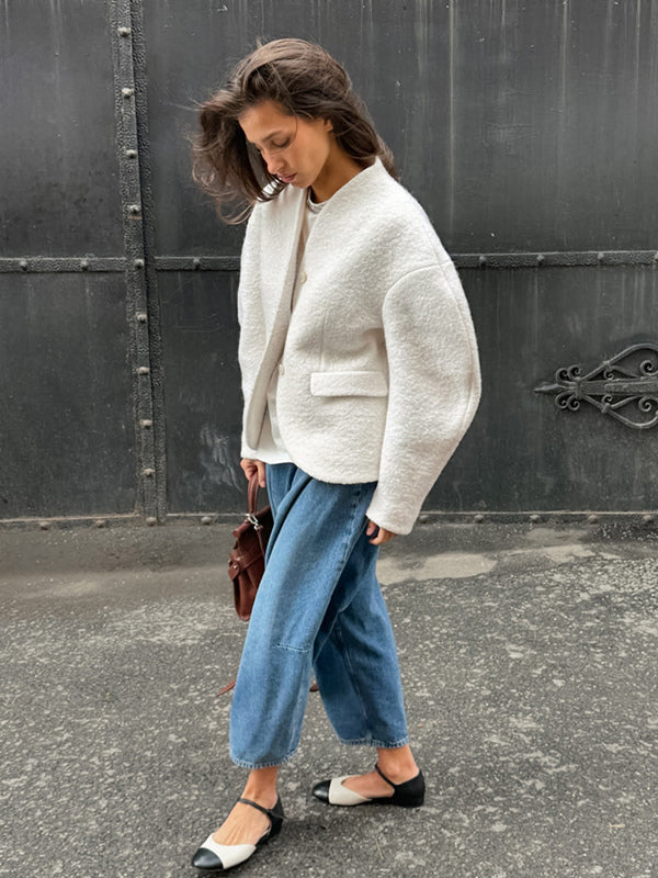 White Boucle Women's Short Jacket - Elegant V Neck Puff Sleeve Slim Fit Outerwear - French Chic Spring Outfits 2026
