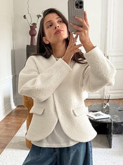 White Boucle Women's Short Jacket - Elegant V Neck Puff Sleeve Slim Fit Outerwear - French Chic Spring Outfits 2026