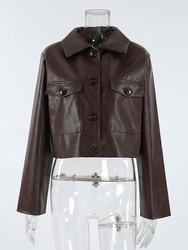 Brown Faux Leather Women's Cropped Jacket - Retro Lapel Button Up Boxy Fit Top - Street Casual Spring Outfits 2026