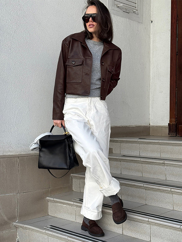 Brown Faux Leather Women's Cropped Jacket - Retro Lapel Button Up Boxy Fit Top - Street Casual Spring Outfits 2026