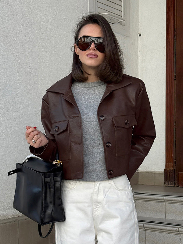 Brown Faux Leather Women's Cropped Jacket - Retro Lapel Button Up Boxy Fit Top - Street Casual Spring Outfits 2026