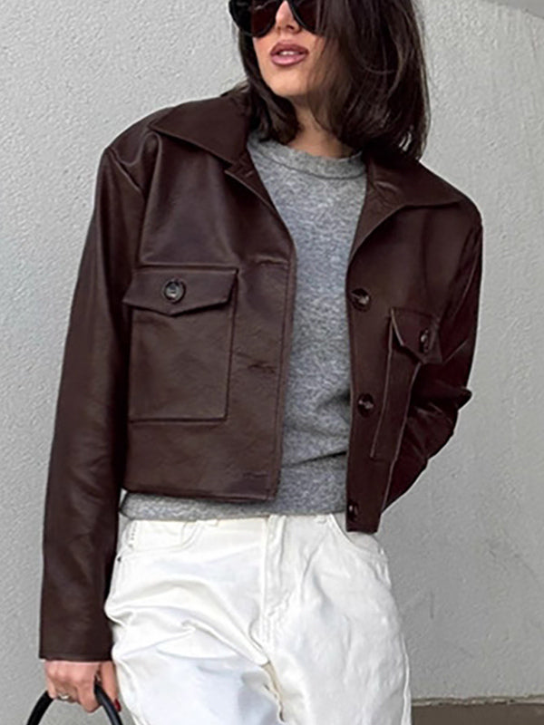 Brown Faux Leather Women's Cropped Jacket - Retro Lapel Button Up Boxy Fit Top - Street Casual Spring Outfits 2026