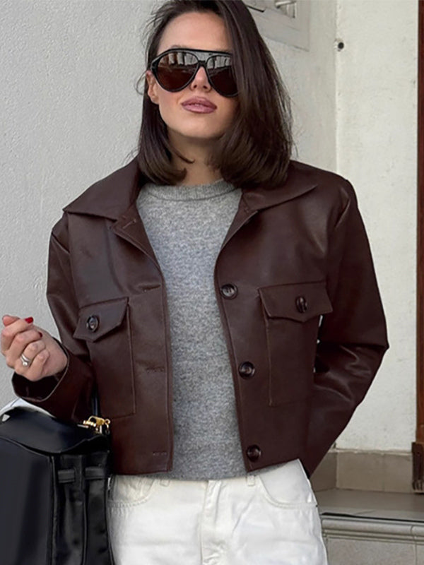 Brown Faux Leather Women's Cropped Jacket - Retro Lapel Button Up Boxy Fit Top - Street Casual Spring Outfits 2026