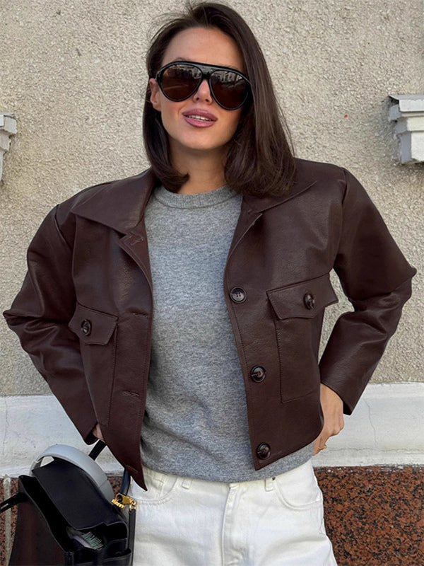 Brown Faux Leather Women's Cropped Jacket - Retro Lapel Button Up Boxy Fit Top - Street Casual Spring Outfits 2026
