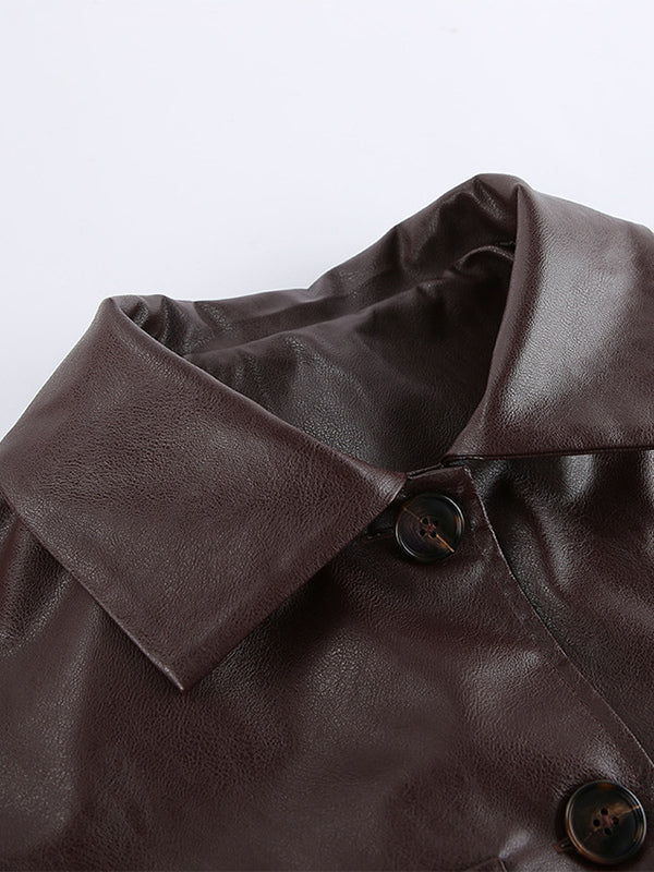 Brown Faux Leather Women's Cropped Jacket - Retro Lapel Button Up Boxy Fit Top - Street Casual Spring Outfits 2026