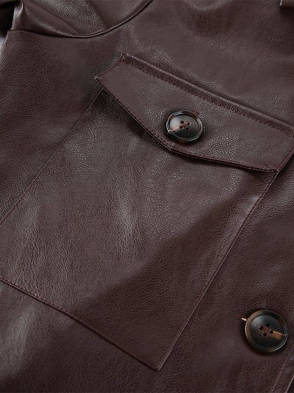 Brown Faux Leather Women's Cropped Jacket - Retro Lapel Button Up Boxy Fit Top - Street Casual Spring Outfits 2026