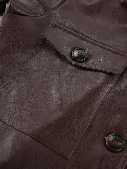 Brown Faux Leather Women's Cropped Jacket - Retro Lapel Button Up Boxy Fit Top - Street Casual Spring Outfits 2026