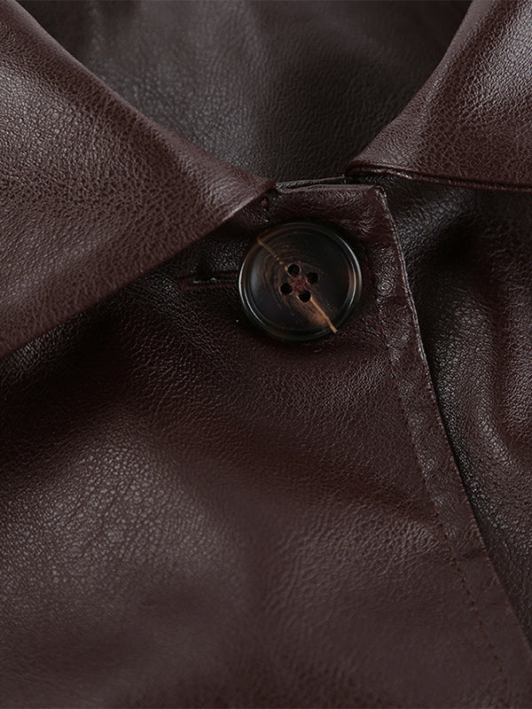 Brown Faux Leather Women's Cropped Jacket - Retro Lapel Button Up Boxy Fit Top - Street Casual Spring Outfits 2026