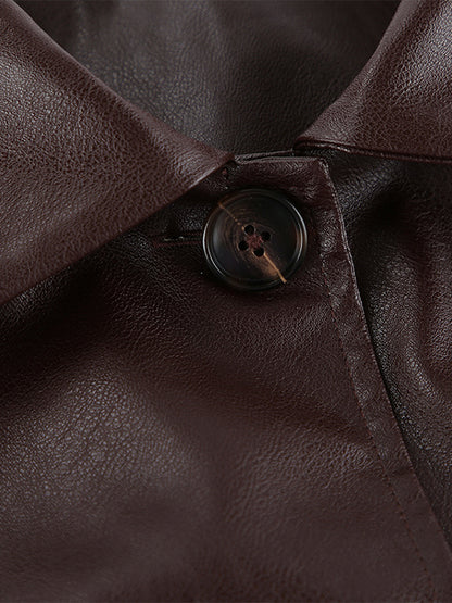 Brown Faux Leather Women's Cropped Jacket - Retro Lapel Button Up Boxy Fit Top - Street Casual Spring Outfits 2026