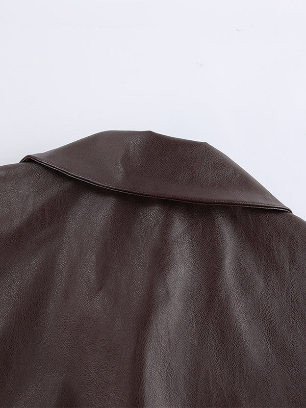 Brown Faux Leather Women's Cropped Jacket - Retro Lapel Button Up Boxy Fit Top - Street Casual Spring Outfits 2026