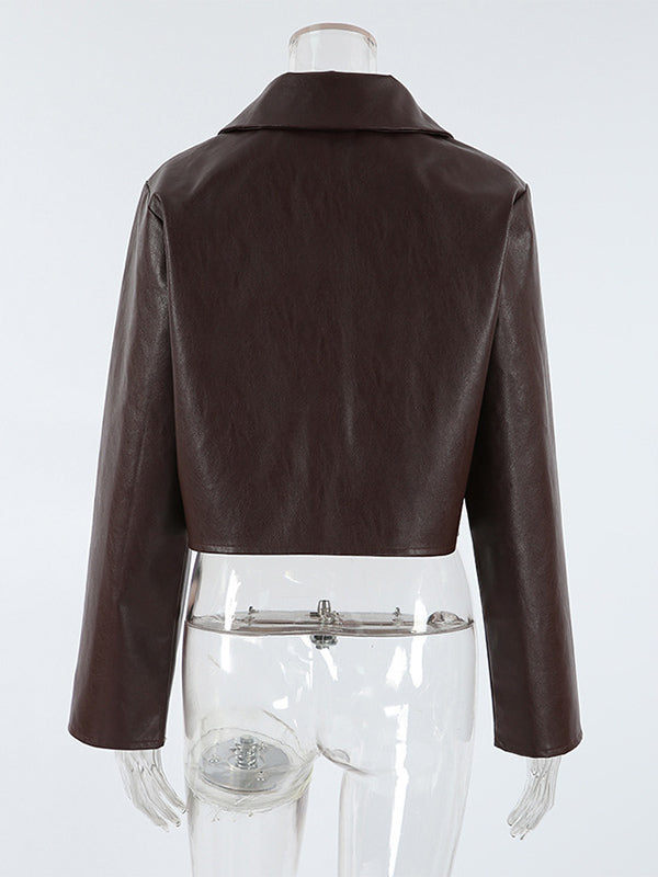 Brown Faux Leather Women's Cropped Jacket - Retro Lapel Button Up Boxy Fit Top - Street Casual Spring Outfits 2026