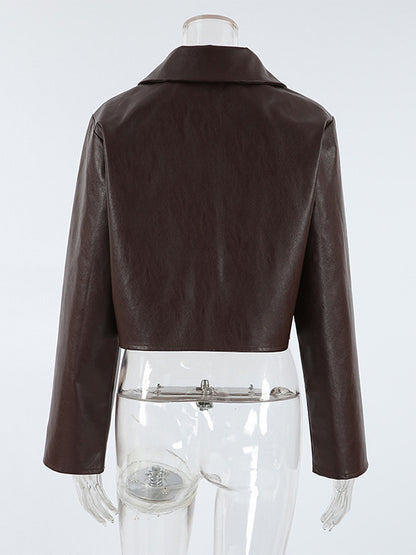 Brown Faux Leather Women's Cropped Jacket - Retro Lapel Button Up Boxy Fit Top - Street Casual Spring Outfits 2026