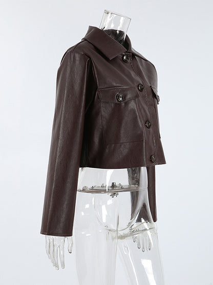 Brown Faux Leather Women's Cropped Jacket - Retro Lapel Button Up Boxy Fit Top - Street Casual Spring Outfits 2026