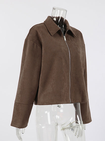 Mocha Suede Women's Cropped Jacket - Minimalist Zip Up Polo Collar Boxy Fit - Street Casual Spring Daily Outfits 2026