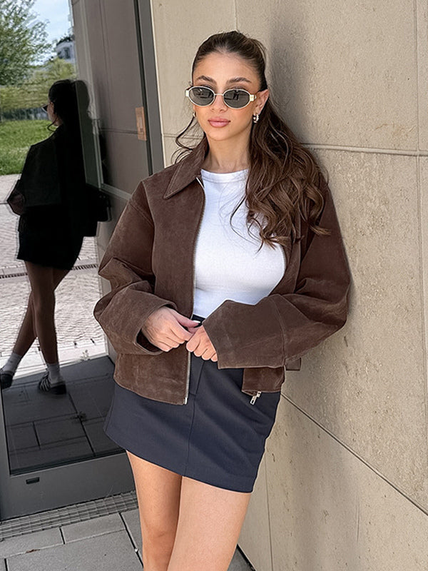 Mocha Suede Women's Cropped Jacket - Minimalist Zip Up Polo Collar Boxy Fit - Street Casual Spring Daily Outfits 2026