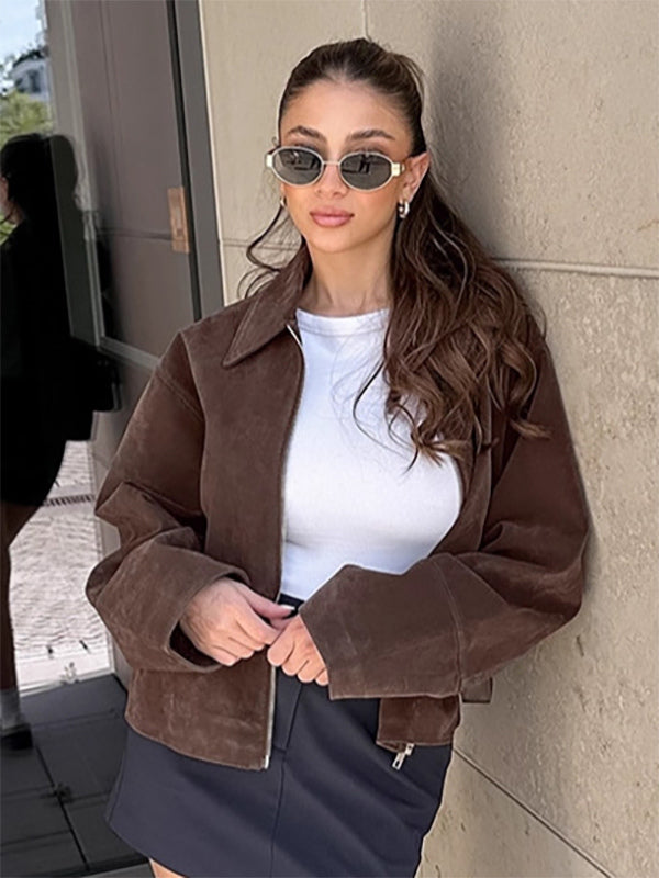 Mocha Suede Women's Cropped Jacket - Minimalist Zip Up Polo Collar Boxy Fit - Street Casual Spring Daily Outfits 2026