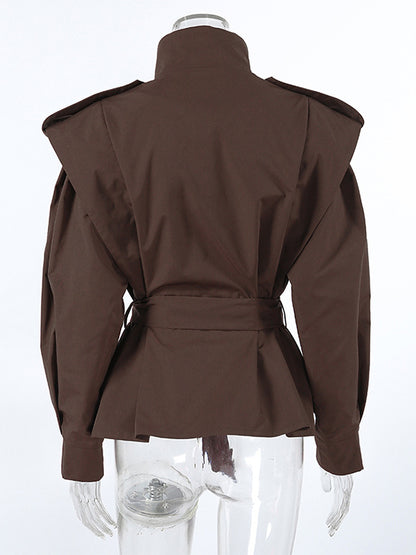 Belted Trench Jacket For Women - Chic High Neck Epaulette Design Slim Fit Peplum - Quiet Luxury Spring Streetwear 2026