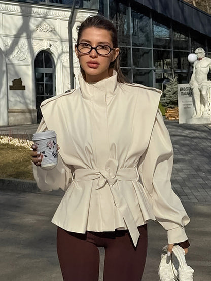 Belted Trench Jacket For Women - Chic High Neck Epaulette Design Slim Fit Peplum - Quiet Luxury Spring Streetwear 2026