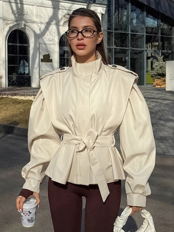 Belted Trench Jacket For Women - Chic High Neck Epaulette Design Slim Fit Peplum - Quiet Luxury Spring Streetwear 2026