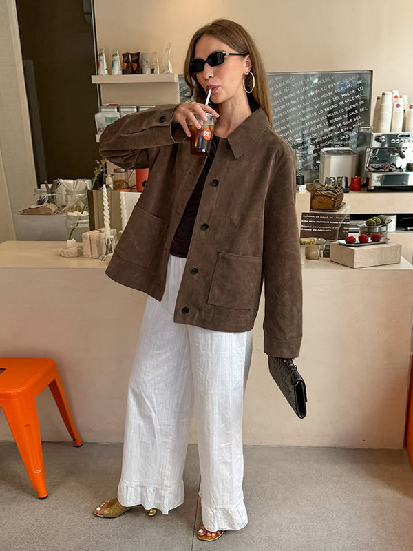 Brown Faux Suede Women's Shacket - Minimalist Turn-down Collar Button Up Jacket With Pocket - Spring Casual Streetwear 2026
